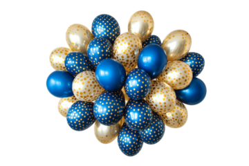 Vibrant blue and gold balloon cluster party setting png transparent background festive atmosphere top-down view