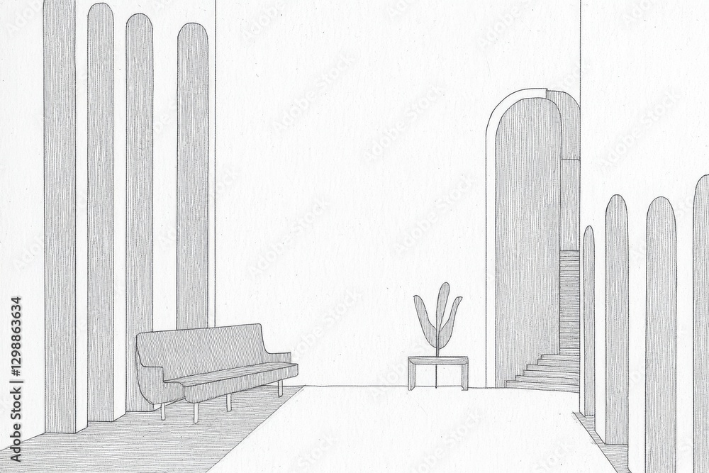 Poster Architectural Sketch Of Columns Gate And Plant Design Elements Drawing Style 1 Image Displaying Grayscale Monochrome Artwork Using Linear Perspective Technique For Design Element Composition Image