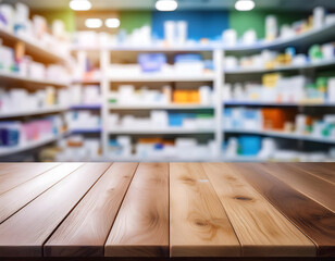 Obraz premium A wooden table in the foreground with a blurred background of shelves filled with various items, likely in a pharmacy or store