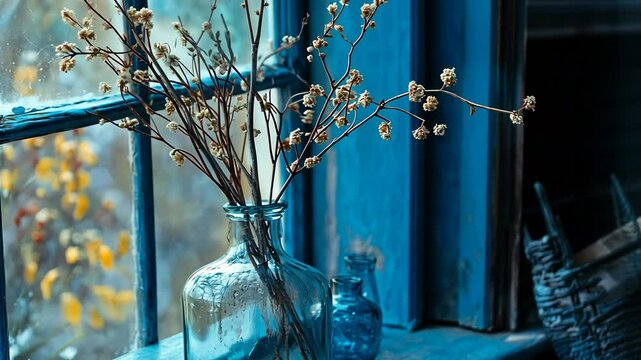 Still life with dried flowers in glass vases on a windowsill surrounded by blue hues and autumn foliage