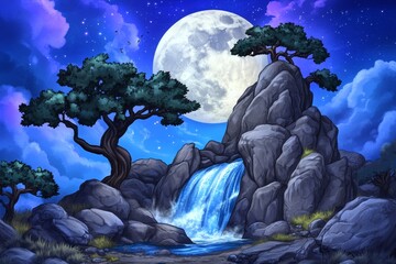 A night-time waterfall glowing under the moonlight, with fireflies flying around