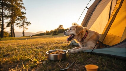 Content golden retriever relaxing outside the tent with a joyful mood during a camping adventure