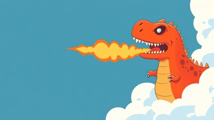 Obraz premium Fiery dragon breathing fire, clouds, sky, cartoon illustration