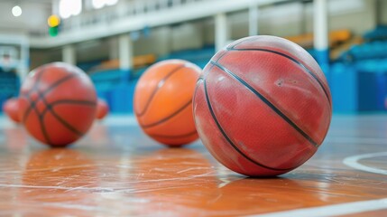 Basketball Balls Resting on the Court in an Empty Arena Awaiting the Next Game