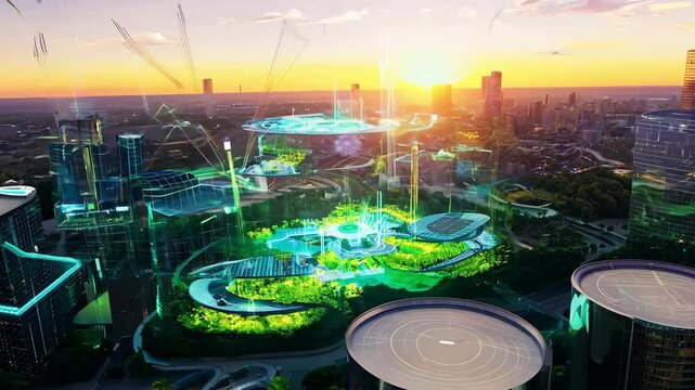 A breathtaking sunset illuminates a futuristic city, with digital interfaces, holographic elements, and advanced architecture highlighting innovation and technology.
