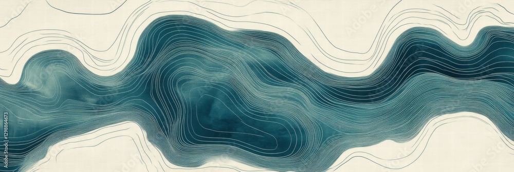 Poster Artistic representation of flowing water with intricate line patterns creating a dynamic visual effect in a serene color palette. Generative AI