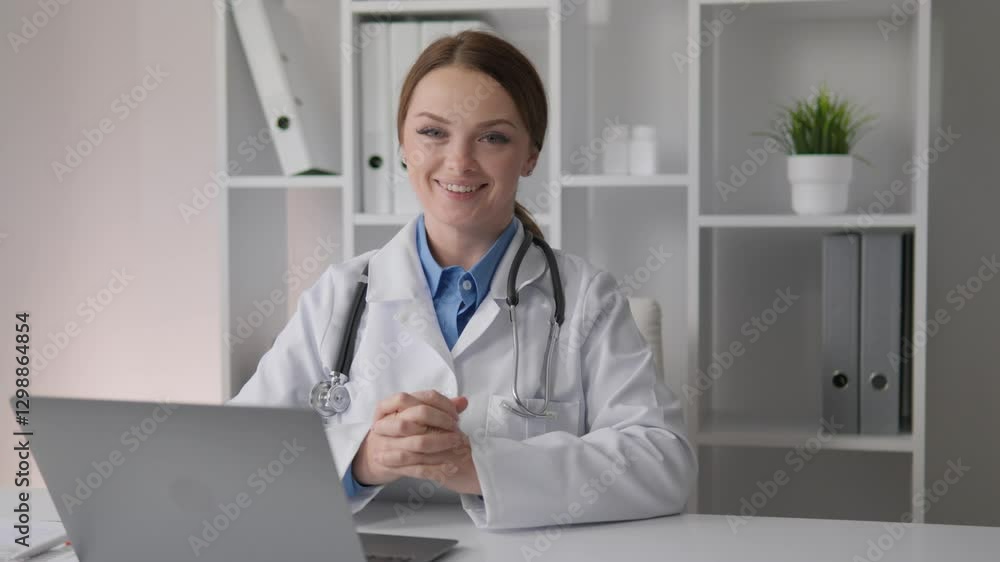 Poster a medical professional consulting on a laptop in a modern office space, effectively using technology
