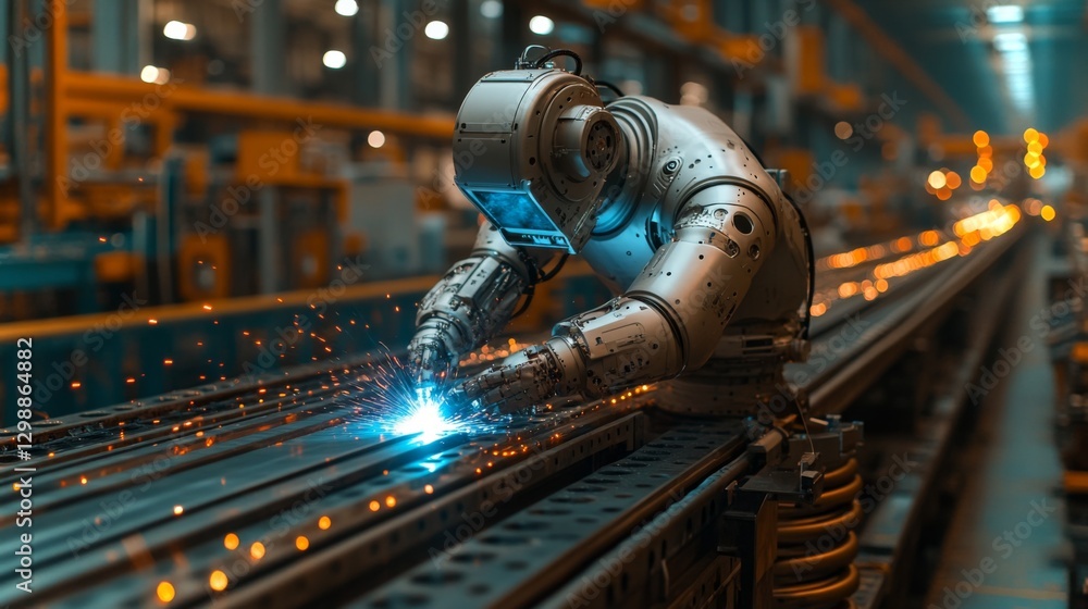 Aufkleber in a corporate manufacturing facility, a robotic arm expertly performs welding tasks on metal compon