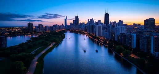 Fototapeta premium Cityscape sunrise, lakefront path, boats, urban background