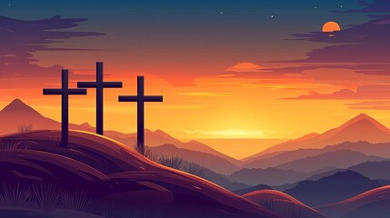 Holy Saturday Christian Observance with Cross Three crosses under a colorful sunset sky.