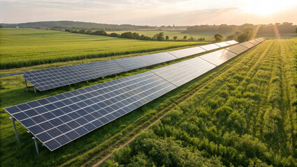 Solar panels neatly aligned in green field, reflecting morning sun, showcasing renewable energy and sustainable technology in serene landscape