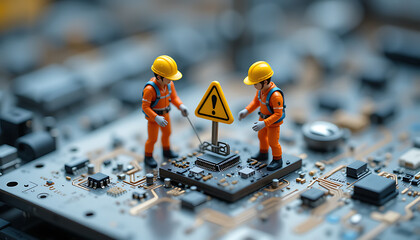 Miniature Workers in Safety Gear Repair a Circuit Board Amidst Electronic Components, Depicting a Detailed, Technical Maintenance Scene