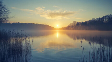 Obraz premium Tranquil sunrise over a calm lake, evoking peace and serenity.