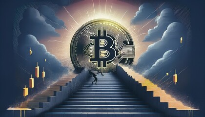 Artistic representation of Bitcoin at the top of the stairs. Concept:  Crypto as Top asset class