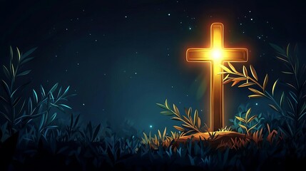 Holy Saturday Christian Observance with Cross Glowing cross in dark night with greenery.