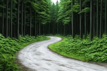 Obraz premium A pathway cutting through a dense forest, drawn in a soft pastel minimalist style
