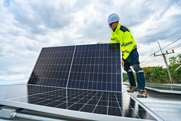 A skilled technician adjusts a solar panel on rooftop, emphasizing the transition to sustainable energy. Equipped with safety gear, the worker demonstrates precision in renewable energy installations.