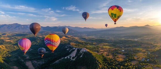 Fototapeta premium Hot Air Balloons Soaring Above a Verdant Landscape at Sunrise