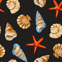 Seashells in watercolor style, seamless pattern on a blue background