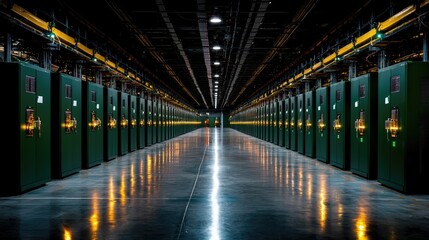 Server room interior, rows of cabinets, data center, nighttime