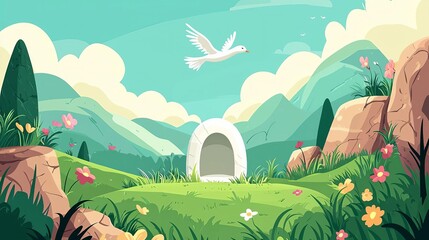 Holy Saturday Christian Observance with Cross Serene landscape with mountains and flowers