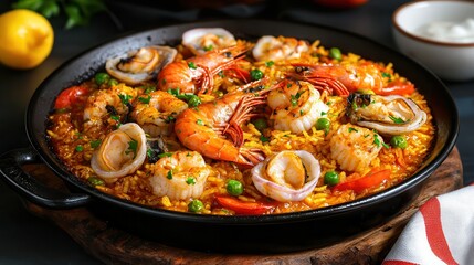 Slow cook rice: Easy cooking. Vibrant seafood paella with shrimp, clams, and colorful vegetables.