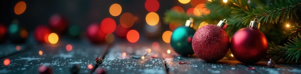 Colorful Christmas ornaments under twinkling lights, holiday decor, bokeh effect, festive atmosphere