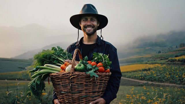 A smiling farmer in a wide-brimmed hat holds a large basket of fresh vegetables, standing in a misty countryside field.
