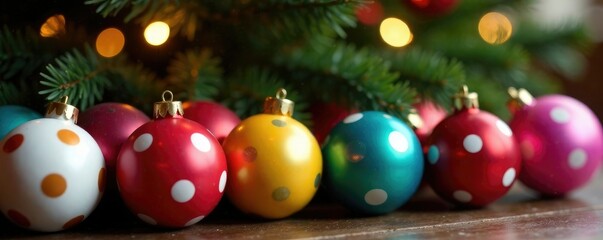 Obraz premium Colorful polka dot balls placed around a Christmas tree, decorations, playful scene, colorful polka dot