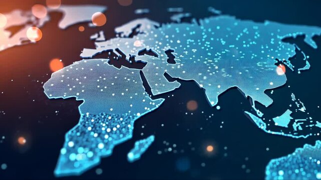 Globe with a blue background and a lot of lights on it. The globe is surrounded by a lot of dots, which make it look like a computer-generated image