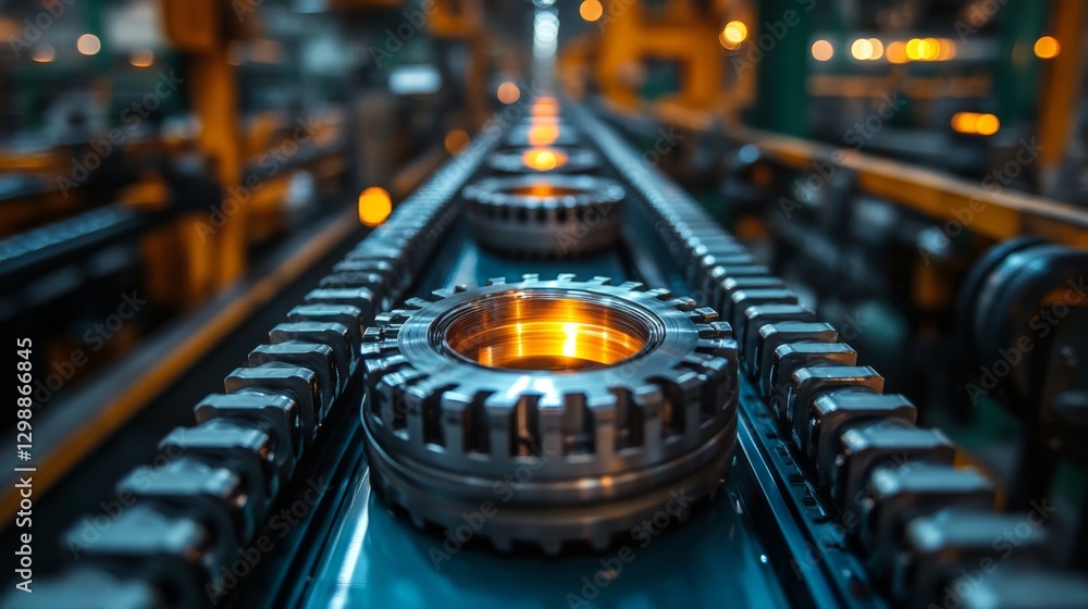Fototapete conveyor belts transport precision-engineered gears illuminated by warm lights in an automated manuf