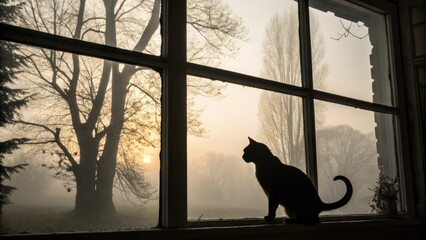 Mysterious black cat silhouette by a foggy window at sunrise representing contemplation and nature