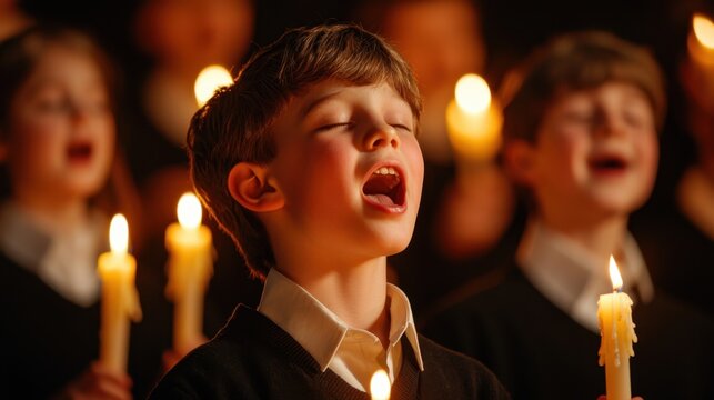 Church choir singing during service Concept, Young Choir Boy Singing Beautifully with Candle in Hand During Illumination Moment of Performance