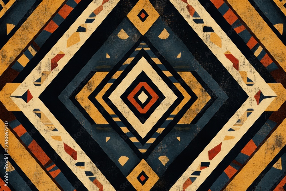 Poster Abstract geometric pattern with vibrant colors and intricate shapes in diamond formation on a dark background. Generative AI