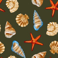 Sea shells in watercolor style, seamless pattern on green background 