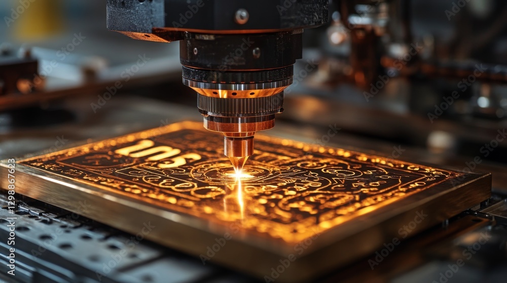 Poster A laser cutter operates on a metal sheet, creating intricate designs in a high-tech manufacturing environment. Sparks fly as the machinery efficiently processes materials.