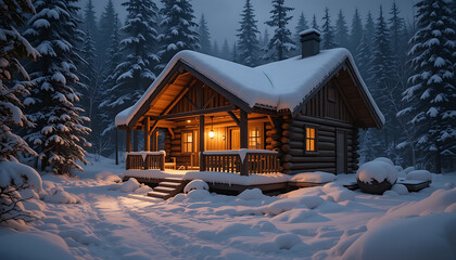 Cozylog Cabin Nestled in a Snowy Forest Under the Glowing Light of Dusk