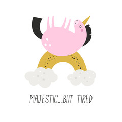 Vector illustration of cute unicorn in a childish flat style. Perfect for frame arts, decorations, prints