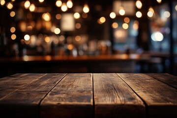 Rustic wooden table with a blurred background of warm glowing lights in a cozy setting. Ideal for product presentations, marketing, and restaurant promotions