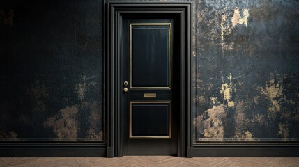 Black door with gold trim on a dark wall.