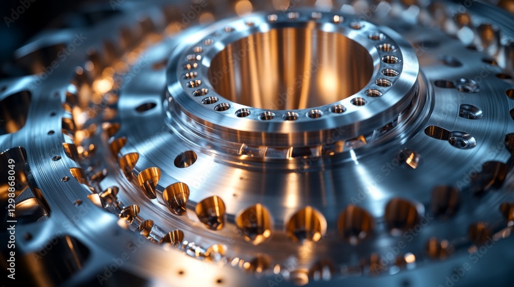 Poster Detailed view of a precision-engineered metal component in a manufacturing facility. Advanced machinery and automation techniques enhance production efficiency and accuracy.