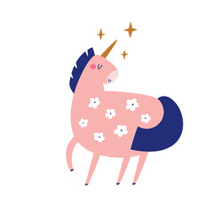 Vector illustration of cute unicorn in a childish flat style. Perfect for frame arts, decorations, prints