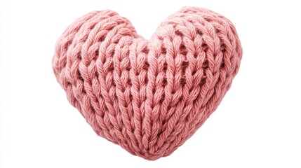 Pink heart-shaped knitted element, isolated, white background, handmade and textile-inspired