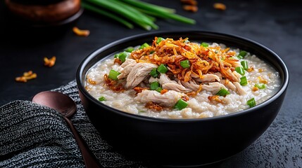 Slow cook rice: Easy cooking. Warm bowl of chicken congee topped with crispy onions and green peas.