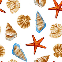 Sea shells in watercolor style, seamless pattern