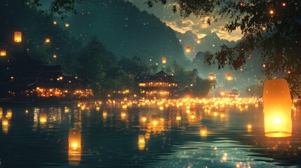 Obraz premium Floating lanterns, riverside village, magical evening, mountain backdrop, aesthetic scene