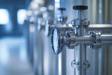 close-up of modern water purification plant machinery with copy space