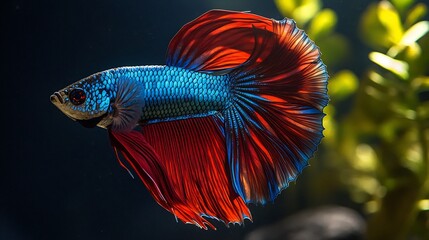 Fototapeta premium Vibrant Betta Fish flaring its long flowing fins its iridescent blue and red scales shimmering against the dark water eyes full of determination