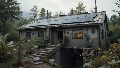 Obraz premium Rustic Wooden Cabin with Solar Panels Nestled Among Tall Trees and Vibrant Foliage in a Serene Forest Setting