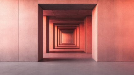 Blocky concrete interiors bathed in a faint red hue with atmospheric dust particles
